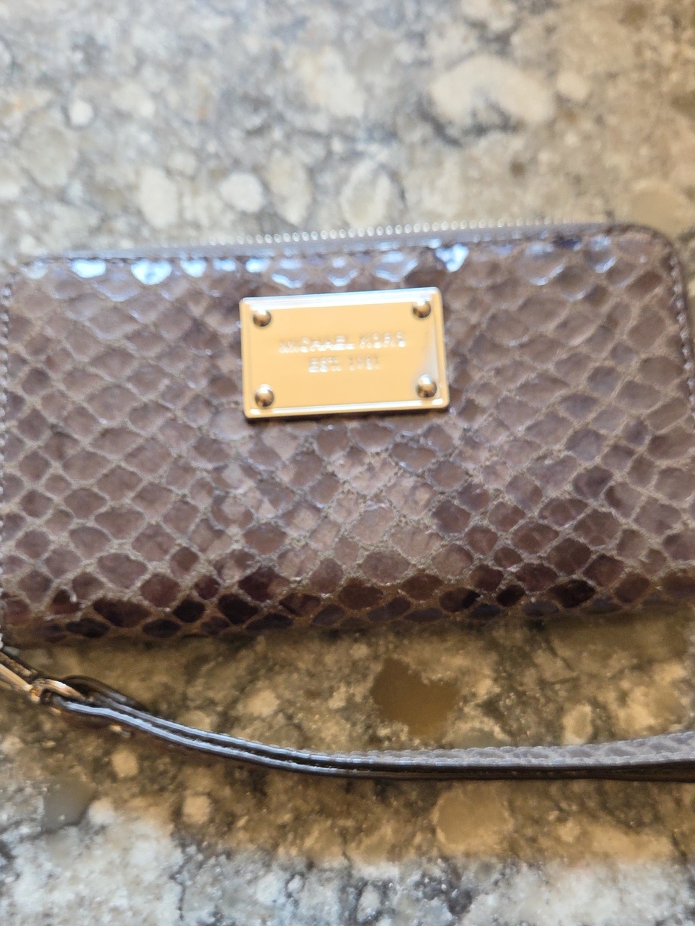 Michael Kors Brown Snake-Embossed Wristlet Wallet with Gold Plate